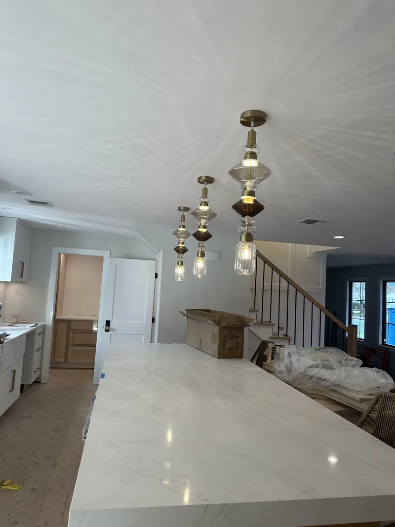 Brass island pendants, new kitchen — MTL Electric, Long Island