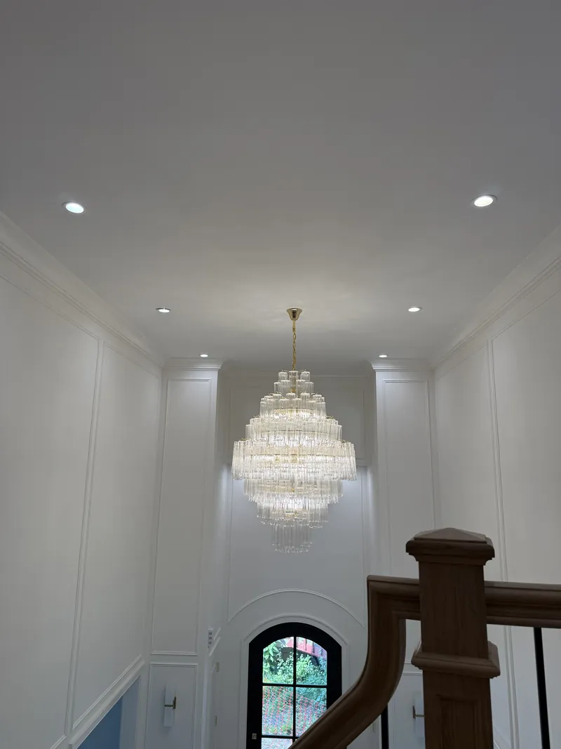 Crystal chandelier, two-story foyer — MTL Electric, Long Island