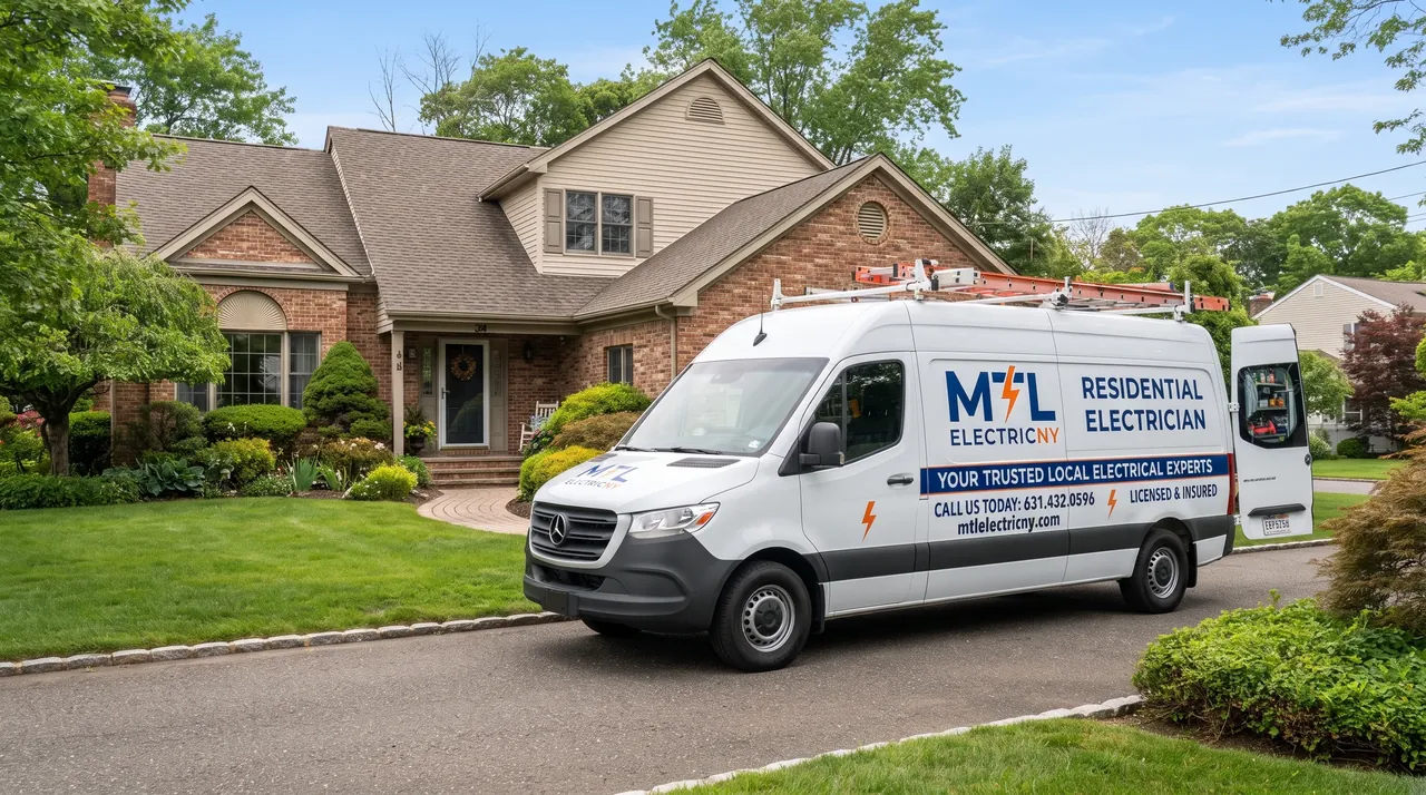 MTL Electric service van parked in front of a brick home on Long Island