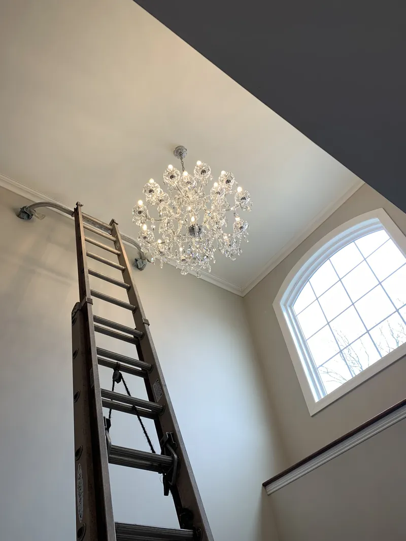 Two-story foyer chandelier install — MTL Electric, Long Island